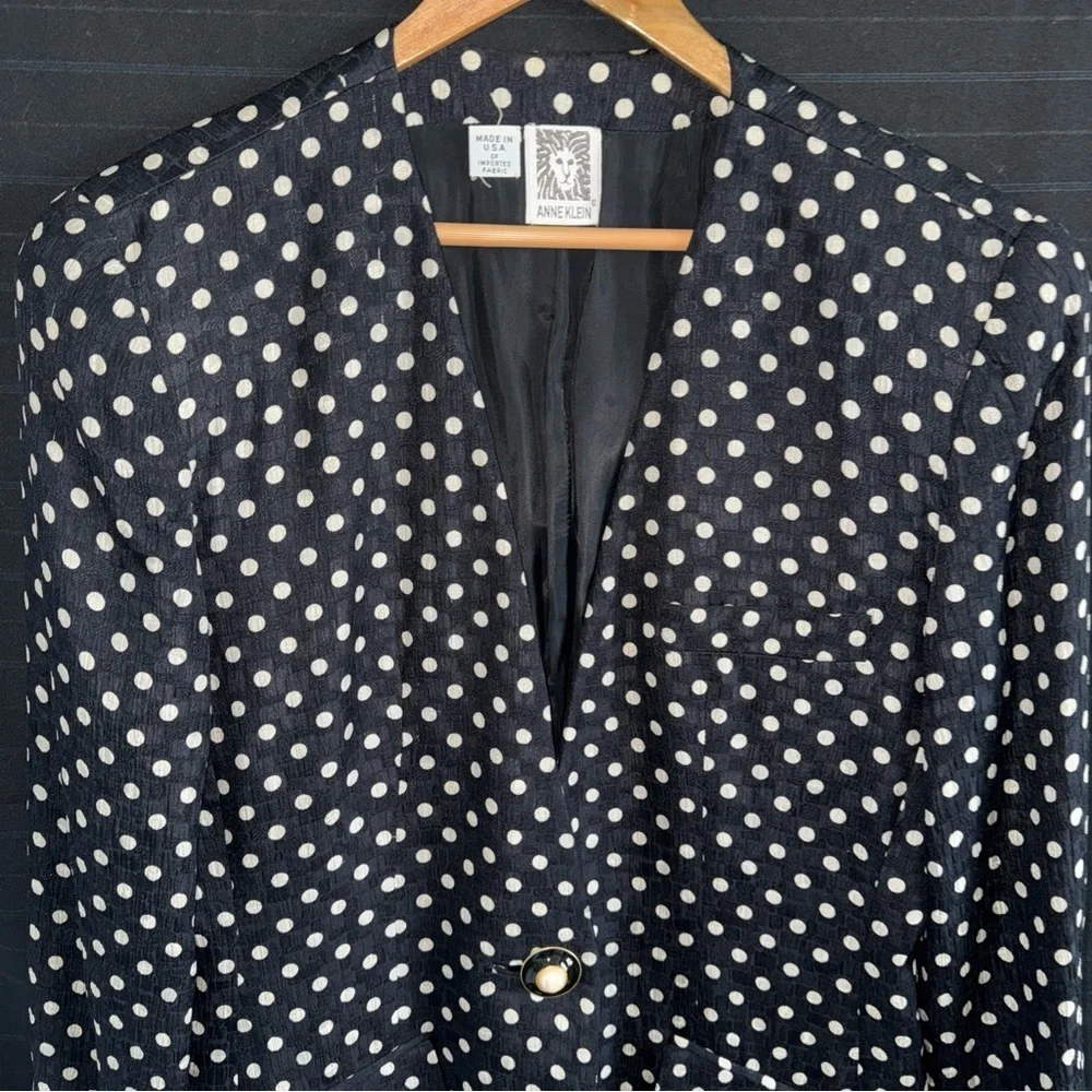 Vintage Anne Klein 2 pc Silk Skirt Suit Black Polka Dot Union Tag 10 Womens